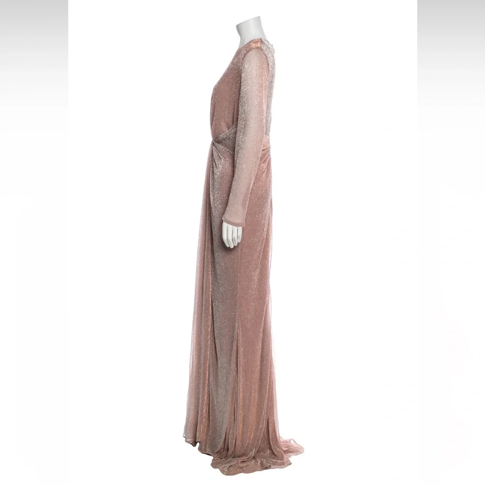 NEW Talbot Runhof Nominee Deep V Long Sleeve Metallic Lurex Gown - Picture 4 of 5